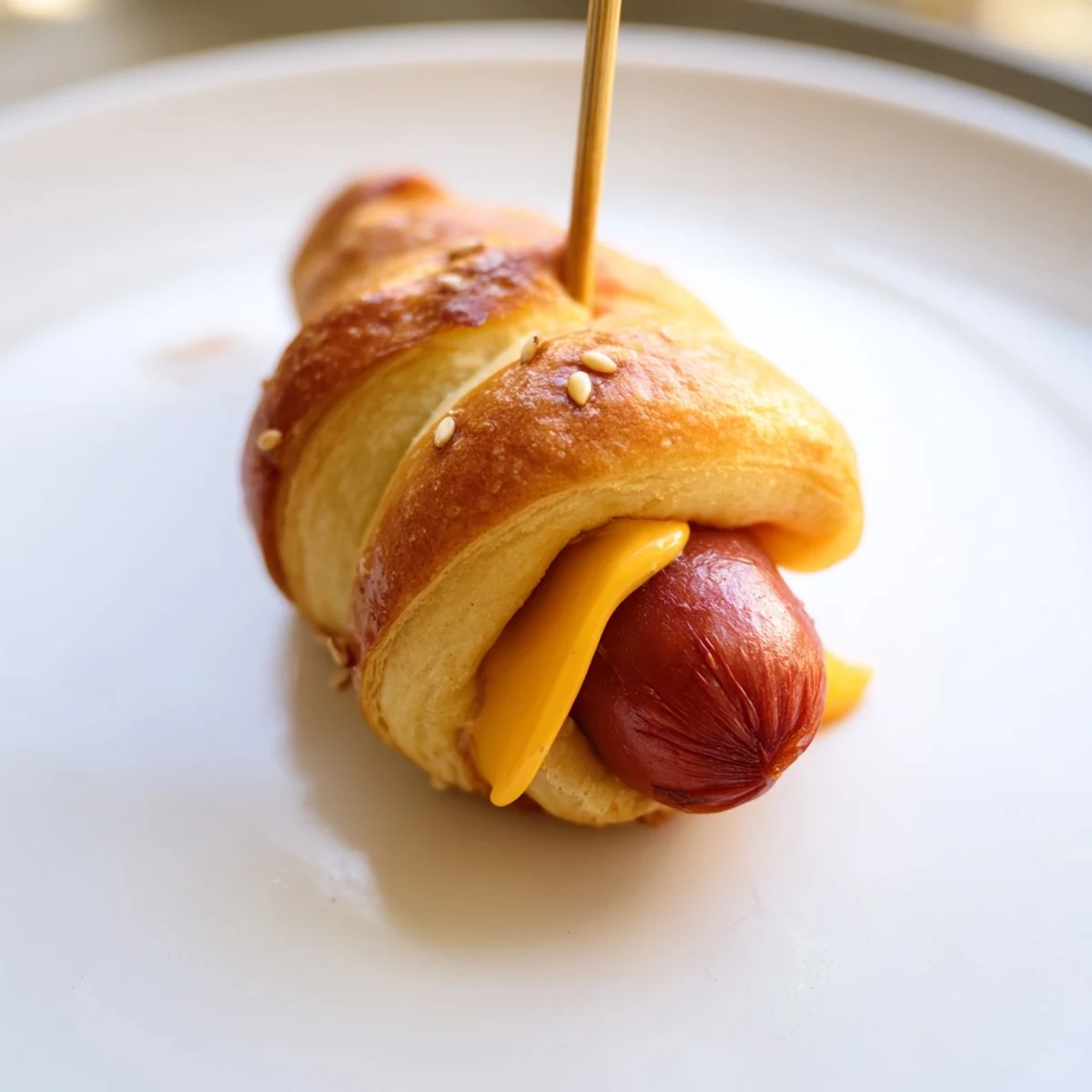 Firecracker Hot Dogs wrapped in golden crescent dough, brushed with butter.