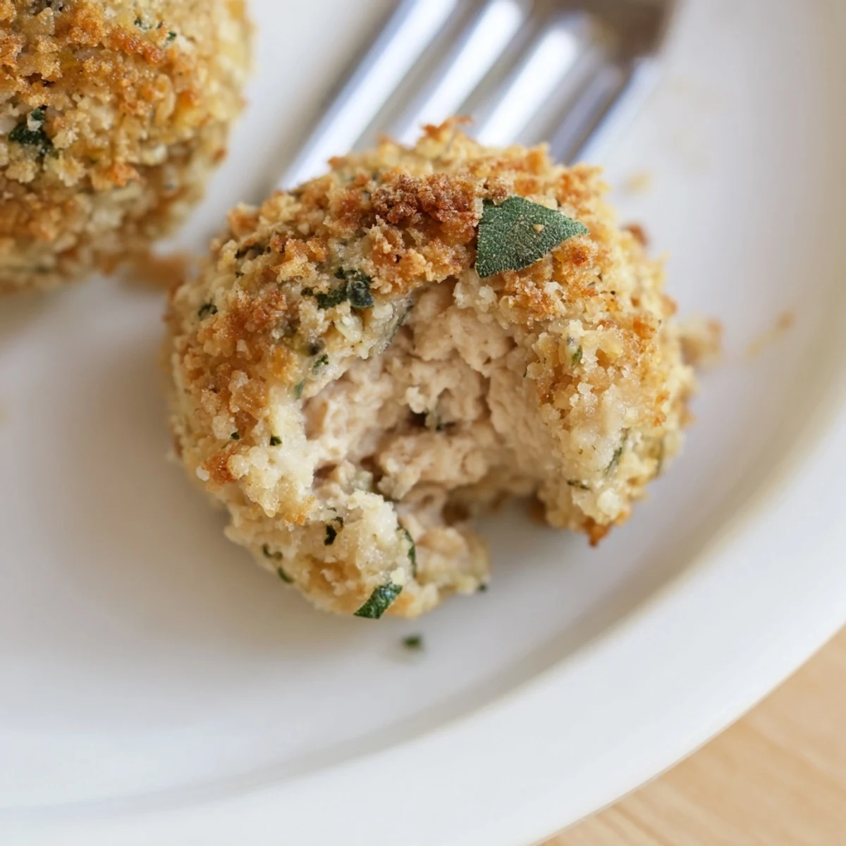 Warm Sage Onion Chicken Balls served with honey-mustard dip, crispy edges