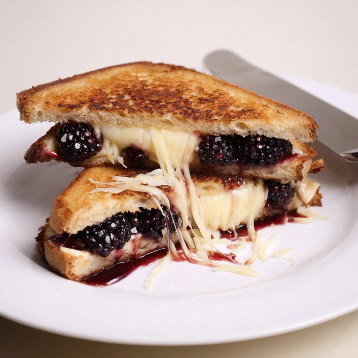 Balsamic Blackberry Bliss Grilled Cheese with gooey brie, golden crust, juicy blackberries