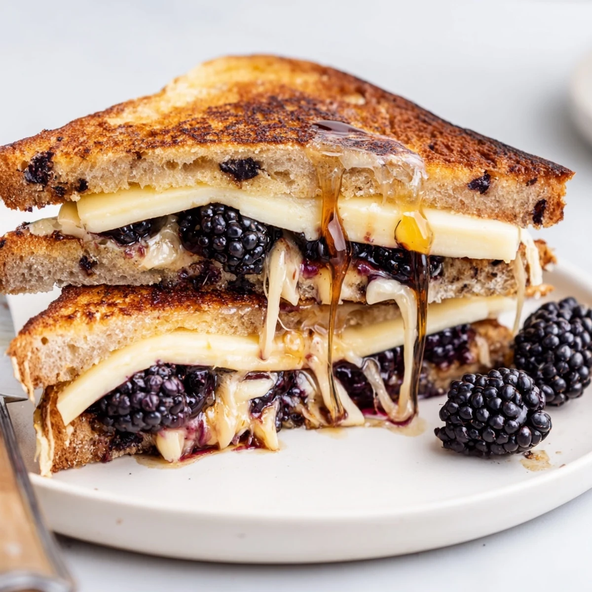 Crispy buttery sourdough Balsamic Blackberry Bliss Grilled Cheese paired with fresh basil