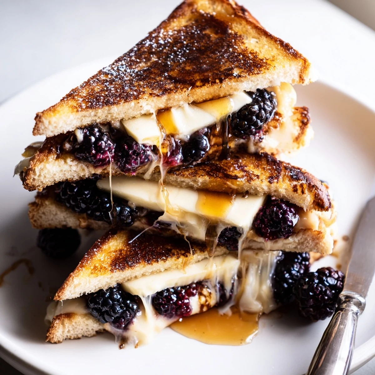Warm Balsamic Blackberry Bliss Grilled Cheese drizzled with glaze, sliced on plate
