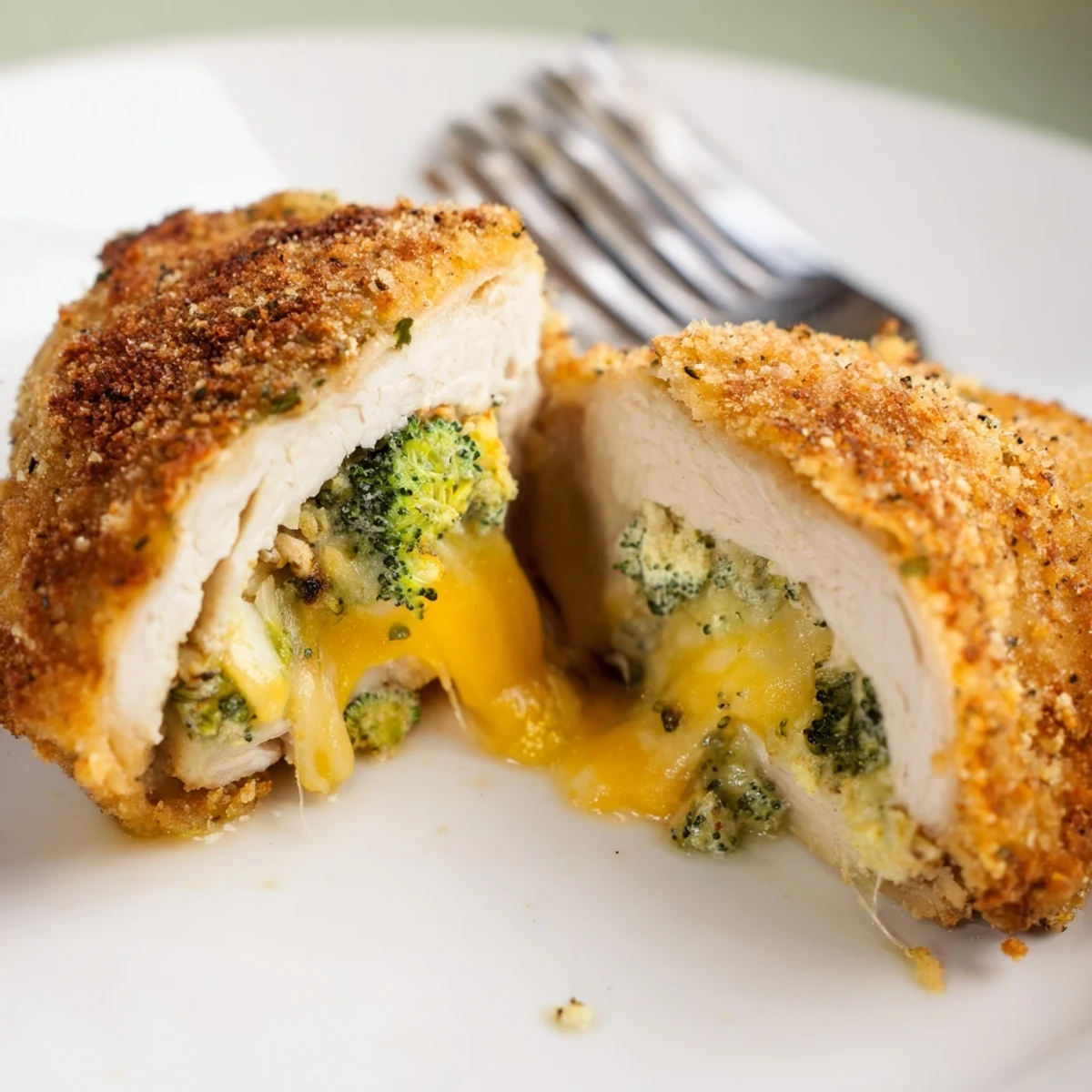Oven-baked Broccoli Cheese Stuffed Chicken Breast resting, cheese oozing, ready to serve