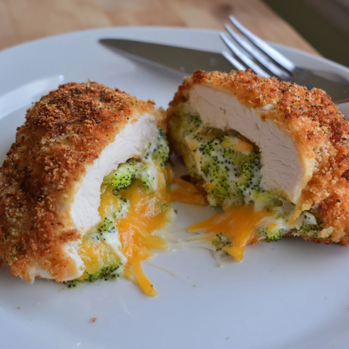 Herb-seasoned Broccoli Cheese Stuffed Chicken Breast on parchment, paired with crisp salad