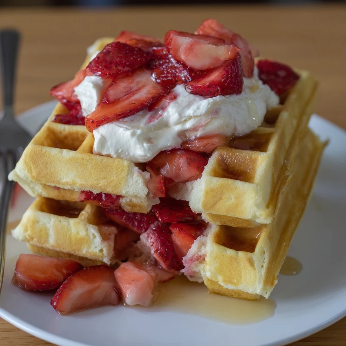 Golden, crisp Strawberry Waffles Recipe topped with whipped cream and syrup.