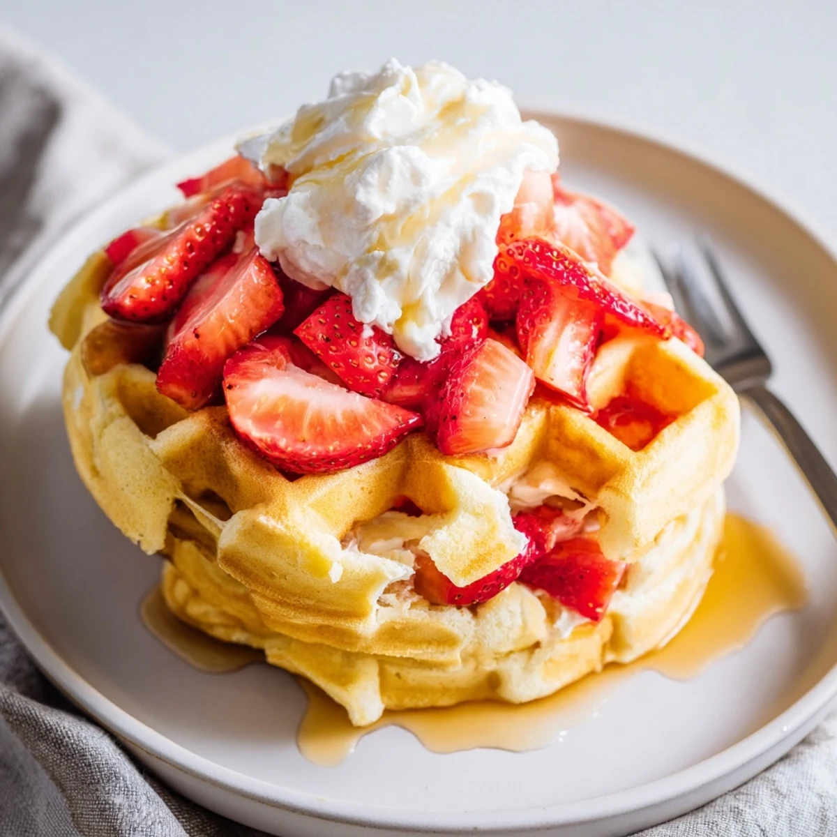 Fluffy Strawberry Waffles Recipe studded with diced berries, served warm on plate.