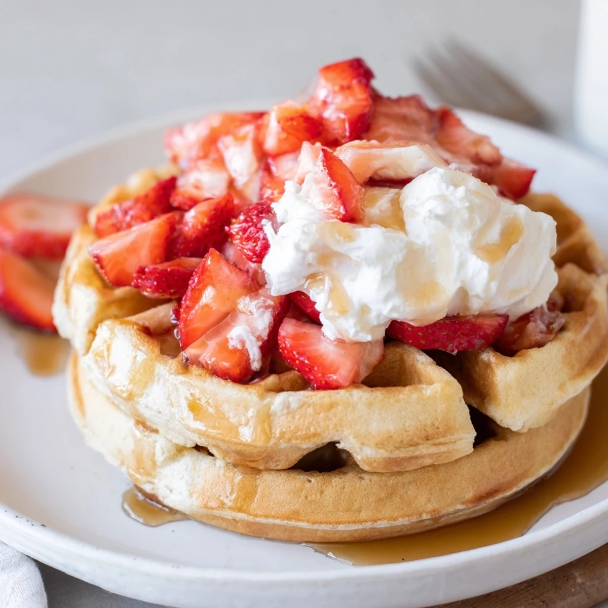 Steaming Strawberry Waffles Recipe fresh from waffle iron, drizzled with maple syrup.
