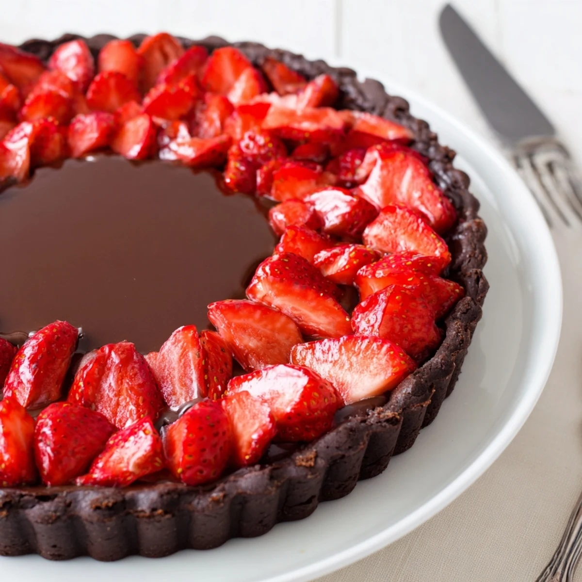 Dark Chocolate Strawberry Tart Recipe on a ceramic plate, glossy ganache