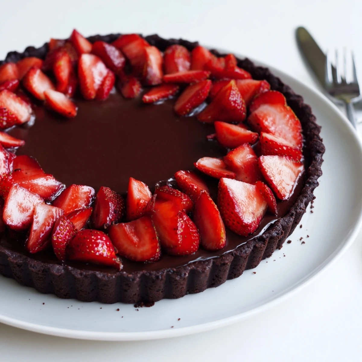 Close-up of Dark Chocolate Strawberry Tart Recipe with ripe berries and sliced almonds
