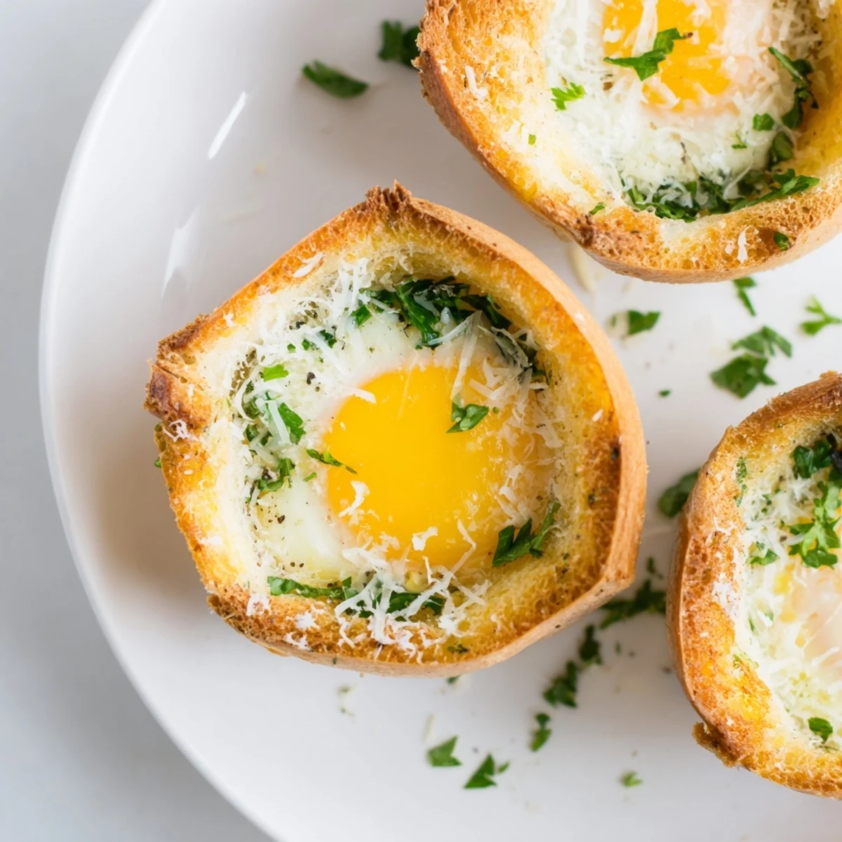 Plate of Lazy Garlic Bread Egg Cups served with fresh fruit, fork