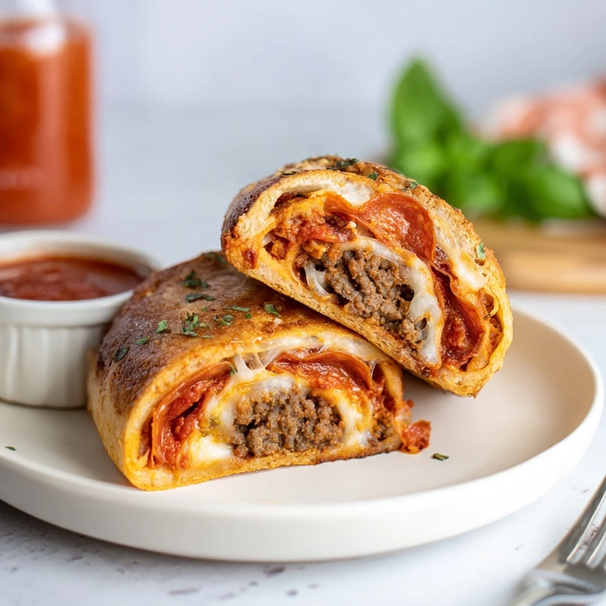 Cheesy Beef Pepperoni Pizza Roll Ups Snack Recipe showing golden baked spirals, gooey cheese