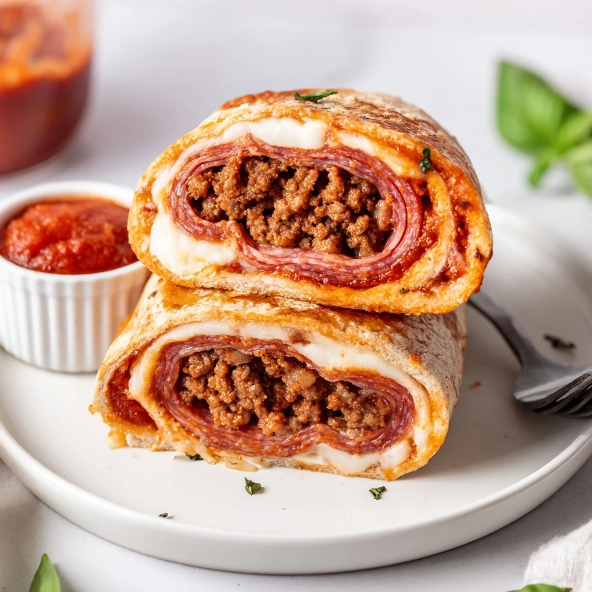 Warm Cheesy Beef Pepperoni Pizza Roll Ups Snack Recipe served with rich pizza sauce