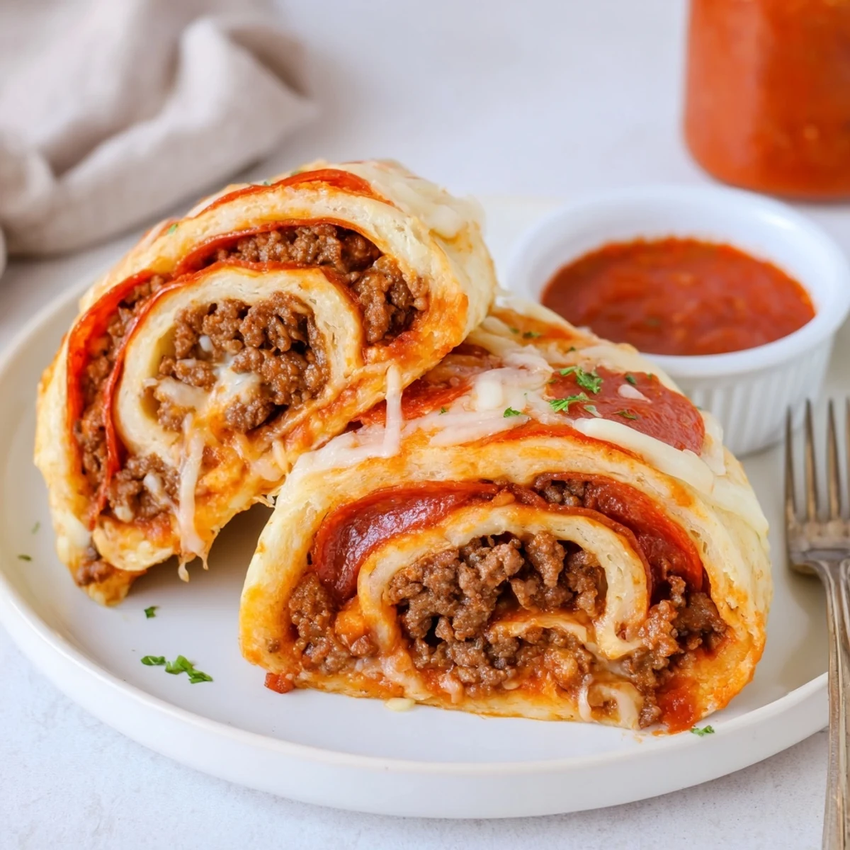 Freshly baked Cheesy Beef Pepperoni Pizza Roll Ups Snack Recipe, crispy edges, melty center