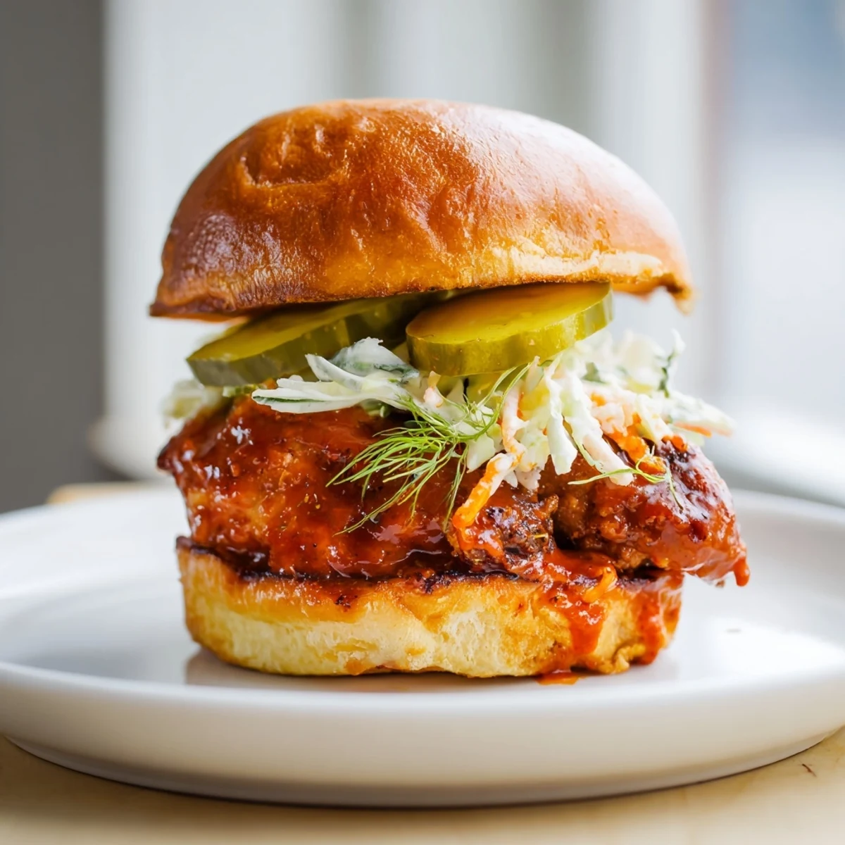 Buttered brioche holding Spicy Nashville Hot Chicken Sandwiches, juicy thighs and creamy slaw