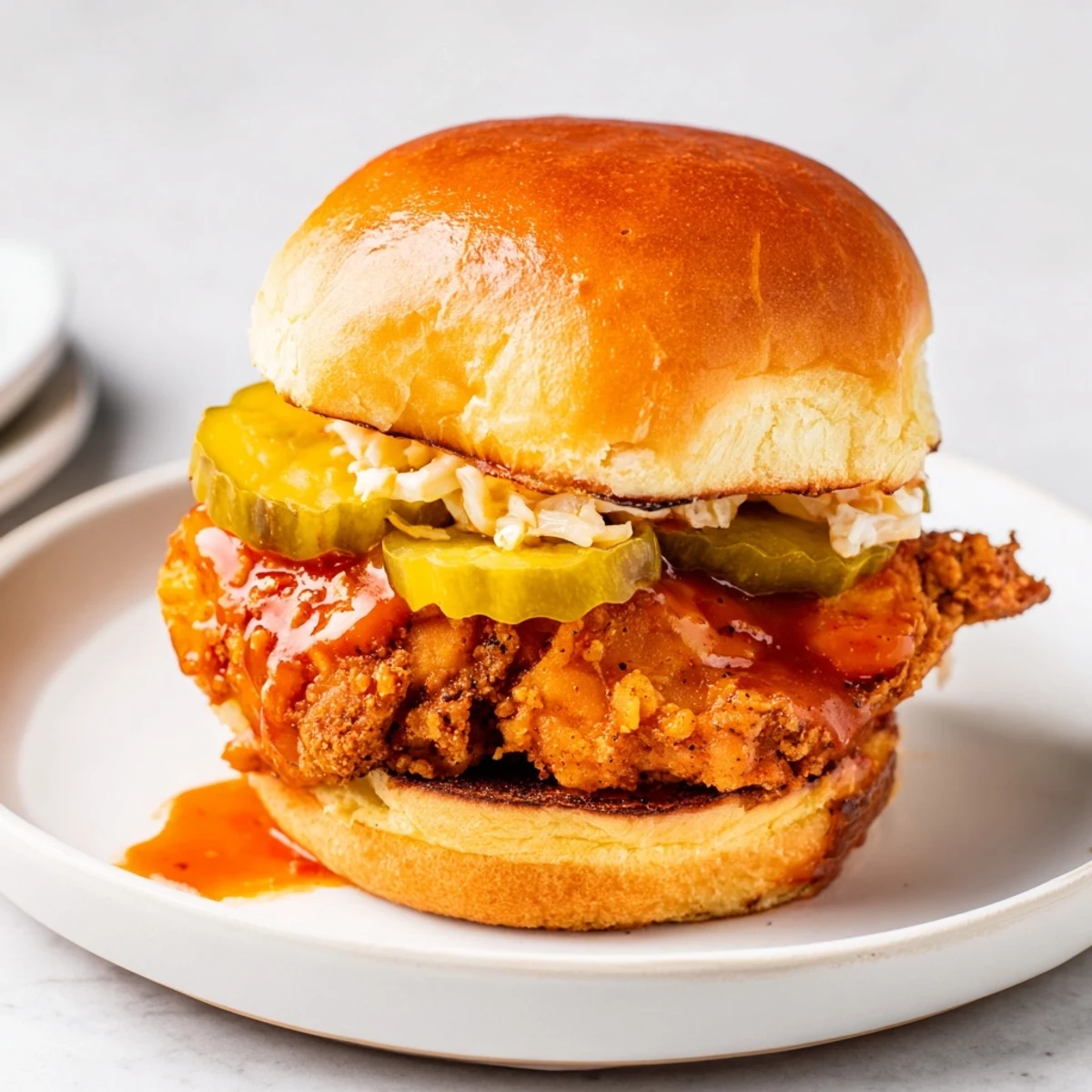 Spicy Nashville Hot Chicken Sandwiches with glossy cayenne glaze, crunchy pickles and slaw