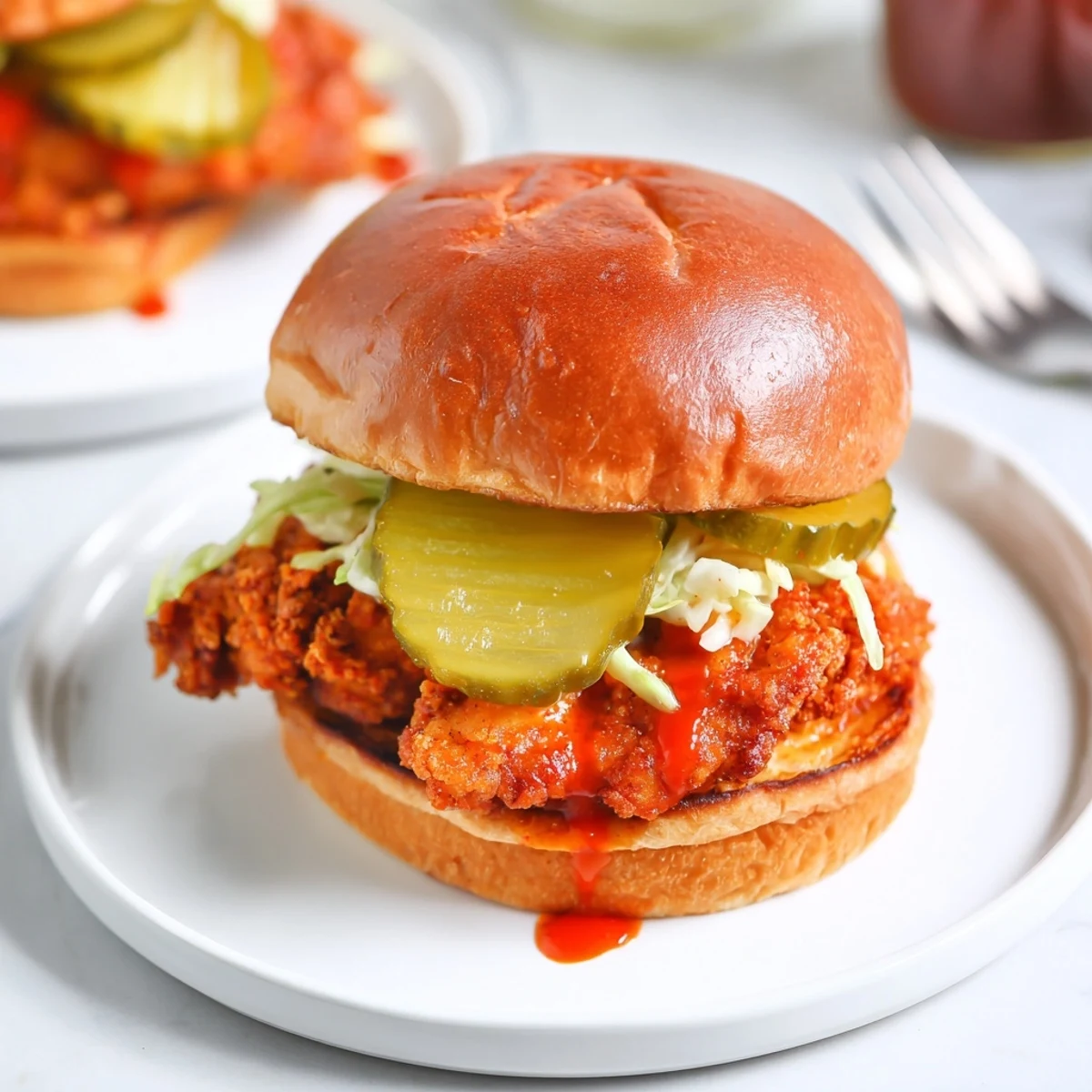 Crispy, fiery Spicy Nashville Hot Chicken Sandwiches served with cold dill pickles, iced tea