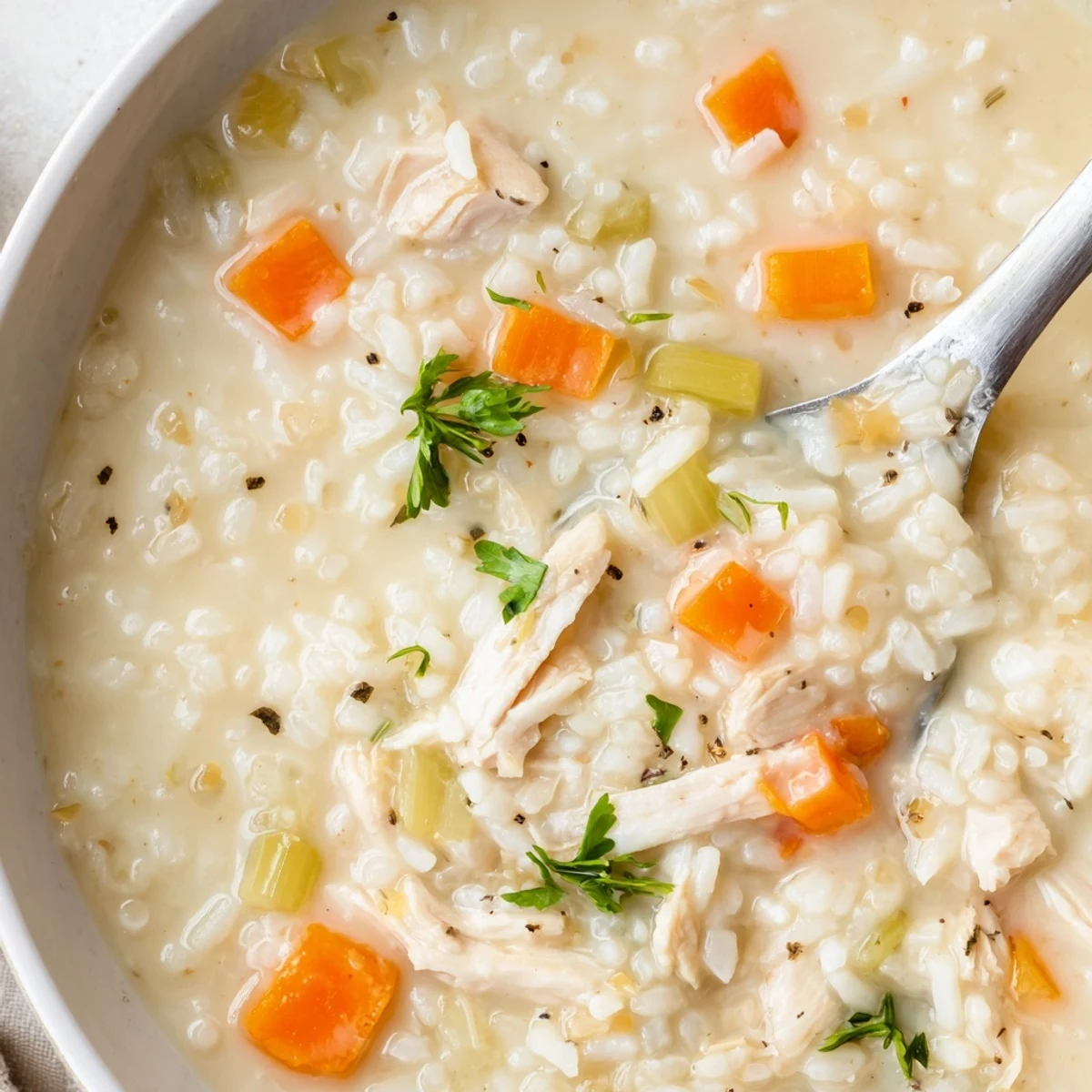 Steaming bowl of Creamy Chicken Rice Soup with tender chicken and carrots  