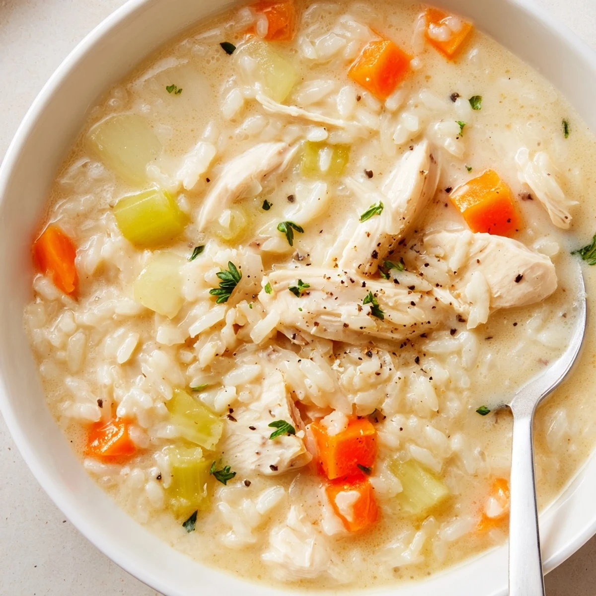 Creamy Chicken Rice Soup ladled over crusty bread, garnished with fresh parsley  