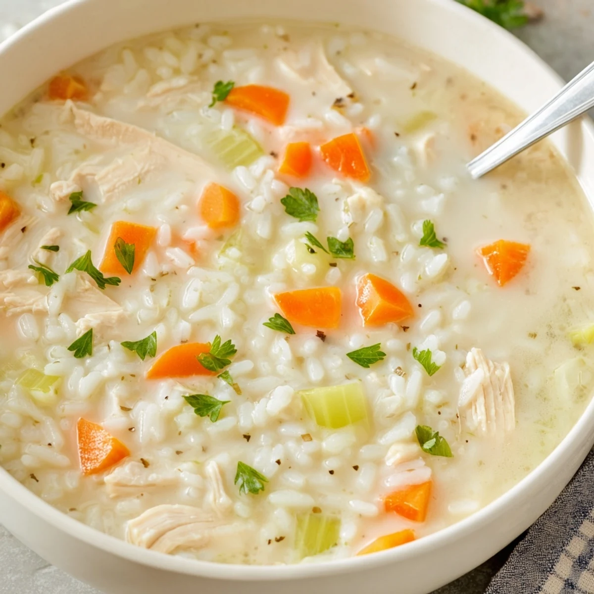 Hearty Creamy Chicken Rice Soup in a white bowl, spoon ready