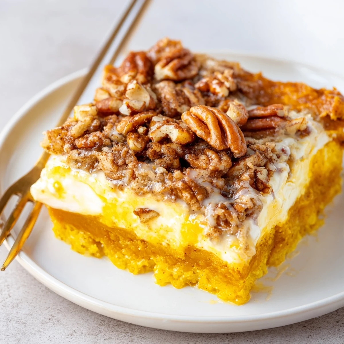 Warm Pumpkin Dump Cake with golden pecan topping and steaming vanilla ice cream