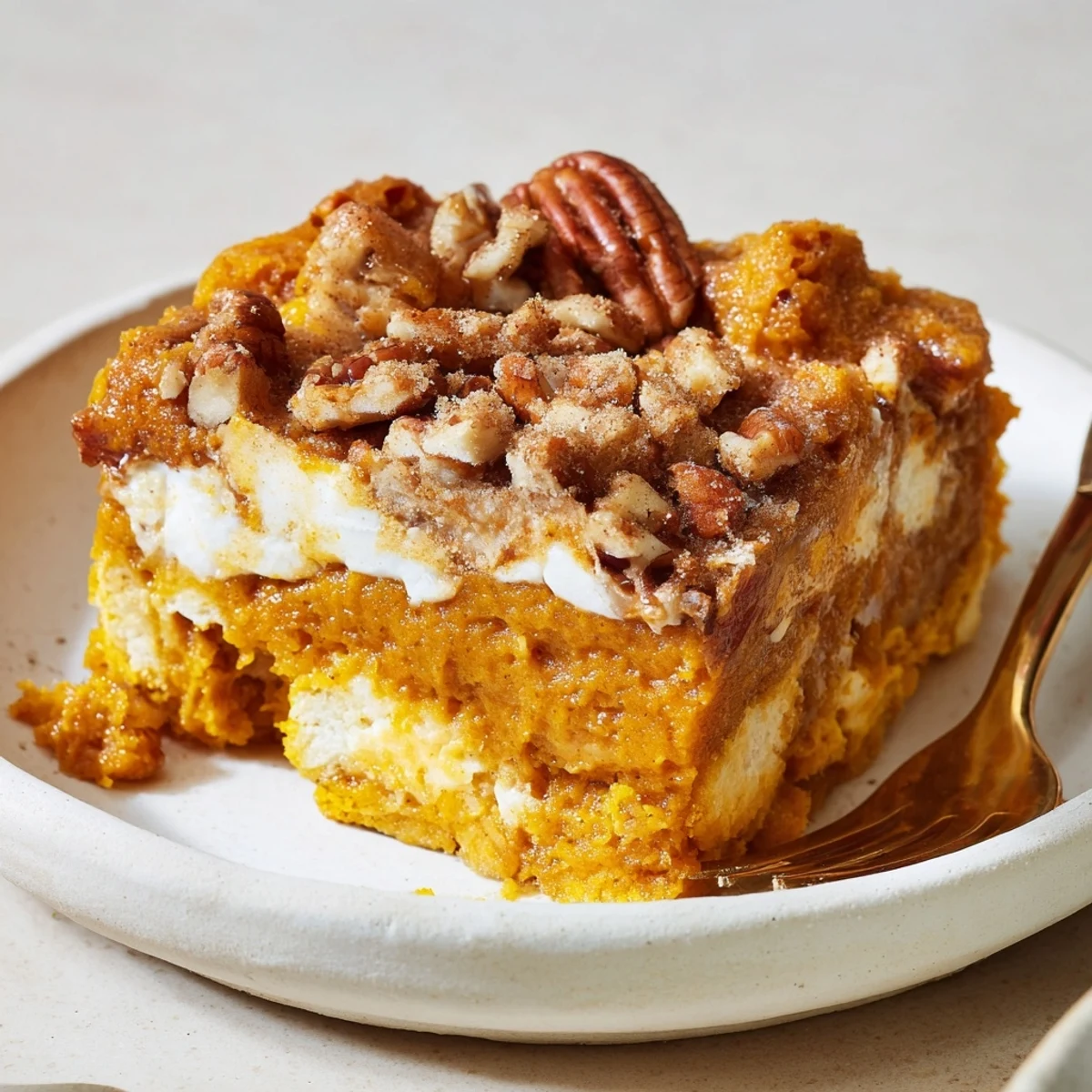 Baked Pumpkin Dump Cake in a 9x13 pan, crusty edges, creamy center