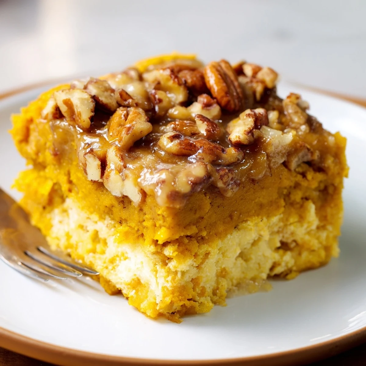 Heaped slice of Pumpkin Dump Cake, silky pumpkin custard and toasted pecans
