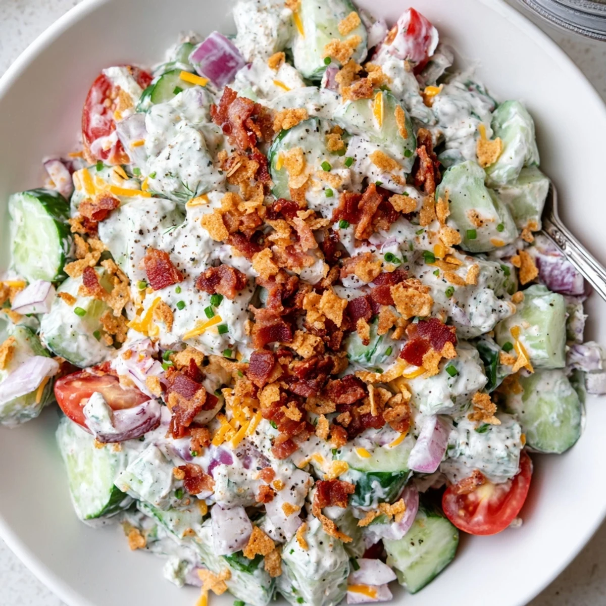 Bright Cucumber Ranch Crack Salad tossed in creamy ranch, crunchy chip topping