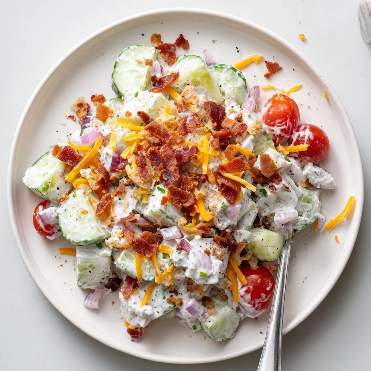 Cucumber Ranch Crack Salad piled high with crispy bacon and cheddar