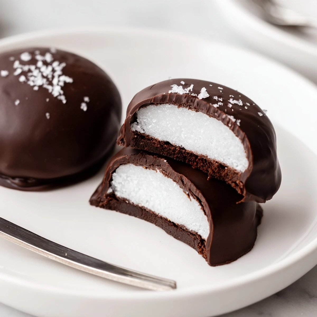 Homemade Peppermint Patties chilled on baking sheet, dusted with crushed candy.