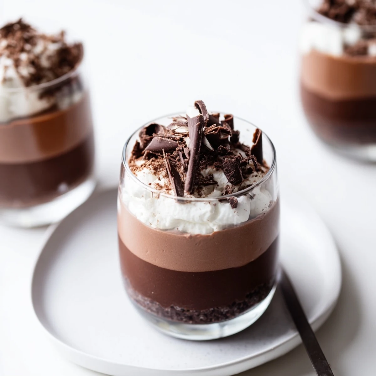 Chilled Triple Chocolate Mousse Cups topped with shaved chocolate, creamy chocolate aroma