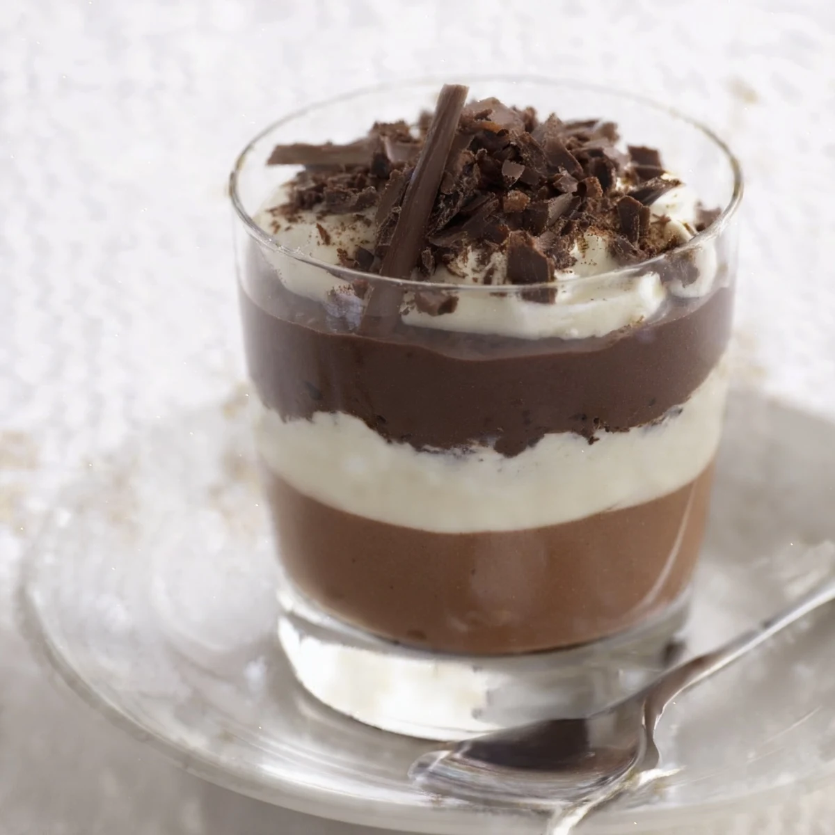 Individual Triple Chocolate Mousse Cups, spoon-ready, serve chilled with espresso