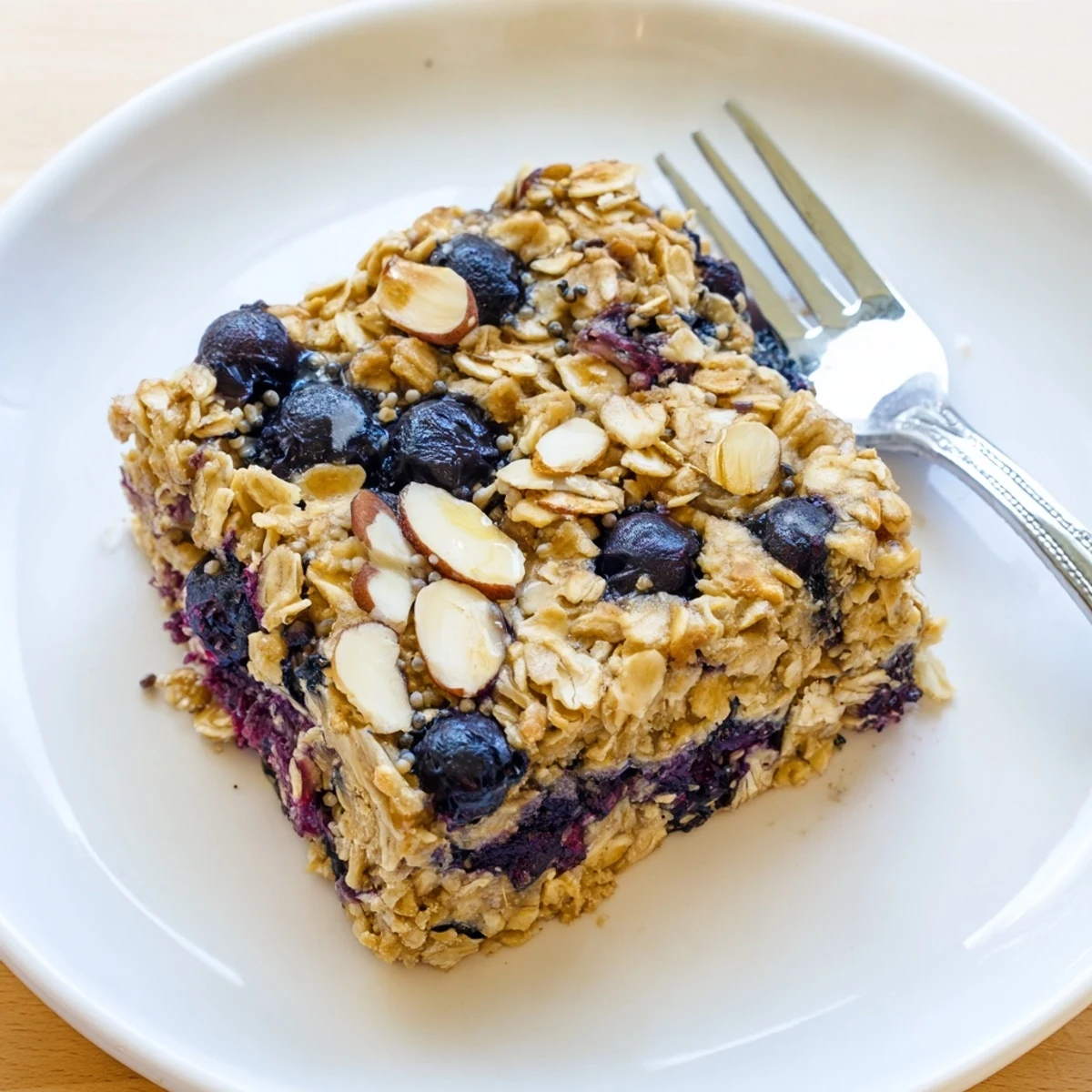 Golden high protein lemon blueberry breakfast bake with plump berries and almonds