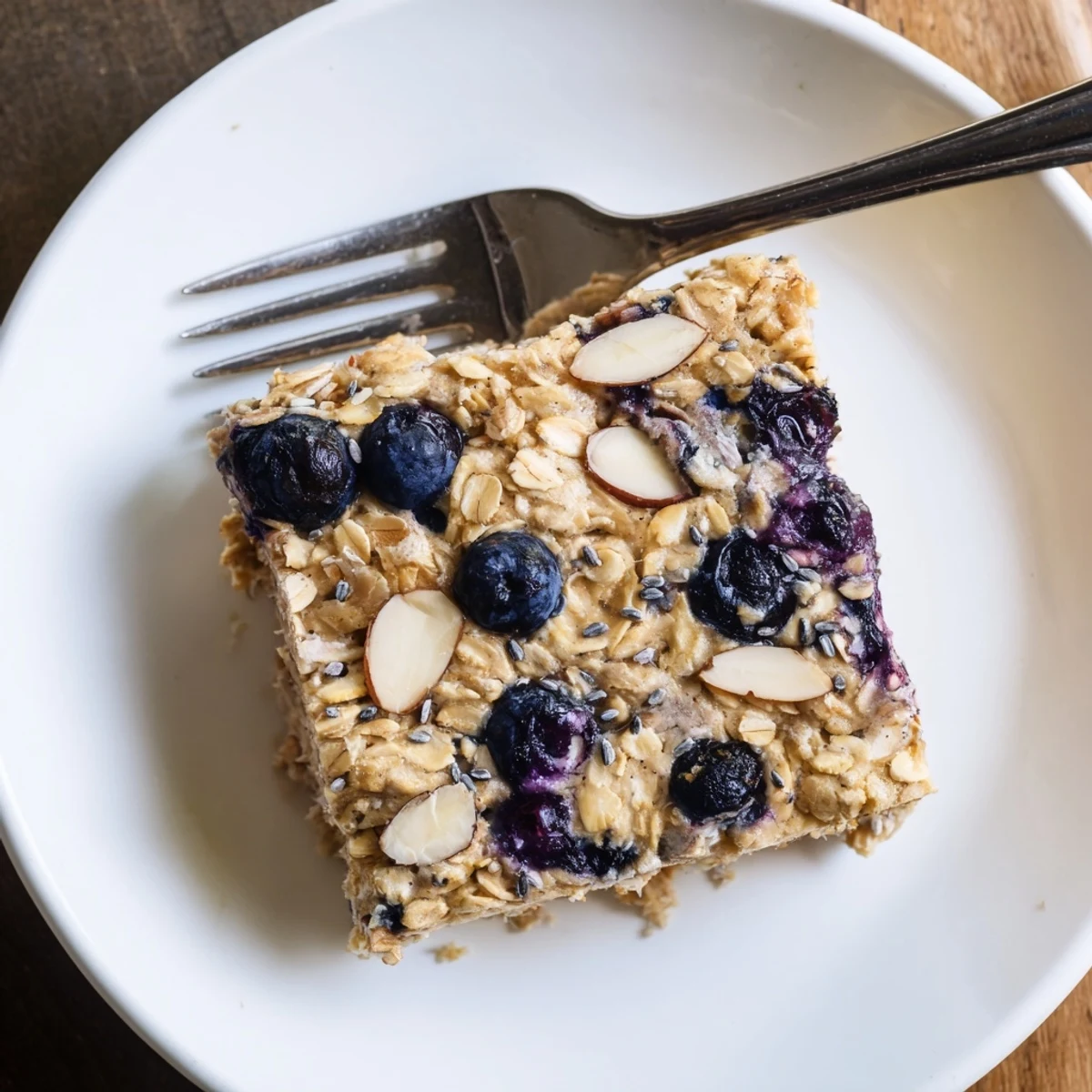 Sliced high protein lemon blueberry breakfast bake showing fluffy oats and vibrant fruit