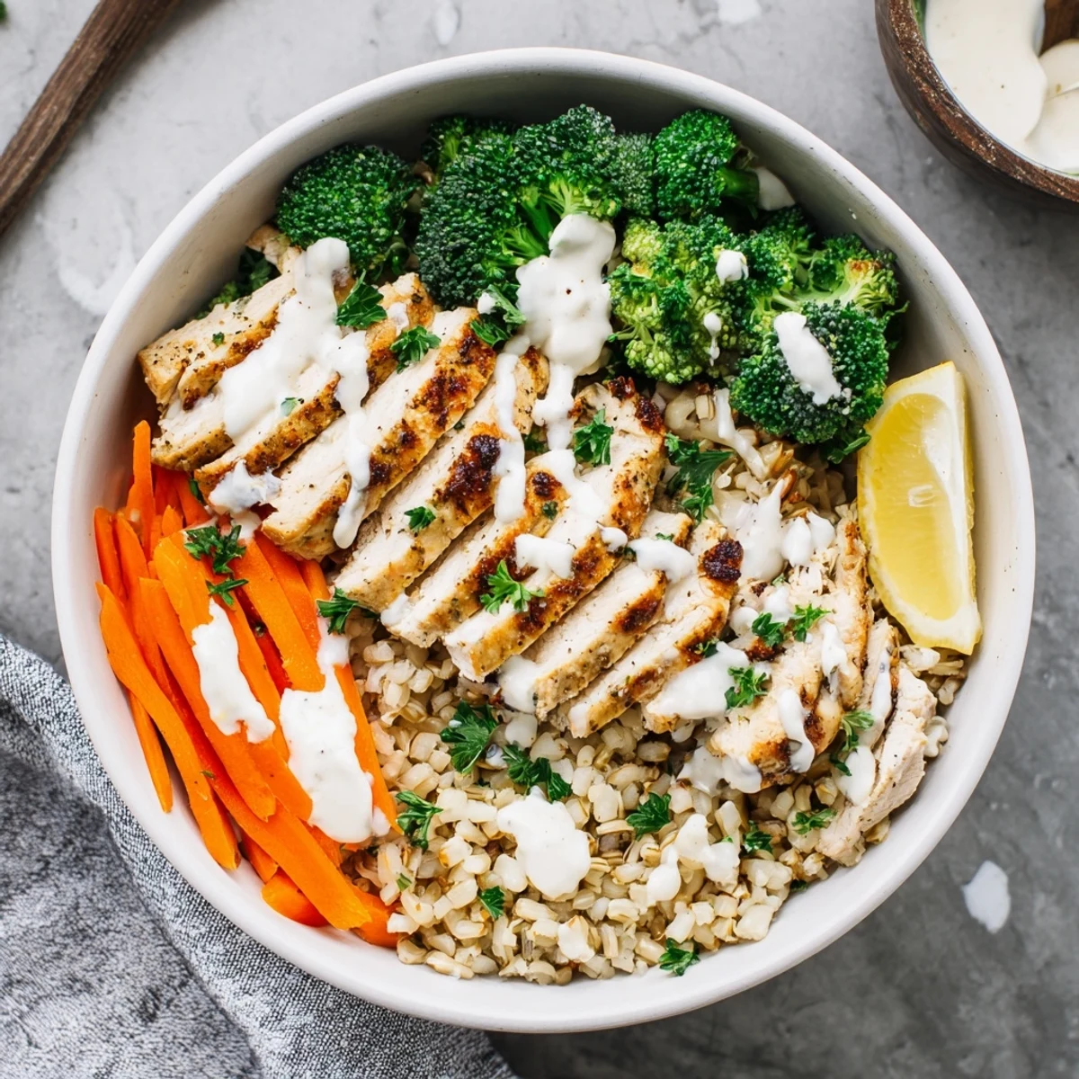 Sliced grilled chicken breast arranged over steamed broccoli florets and brown rice, drizzled generously with a luscious white creamy garlic sauce in a deep bowl.