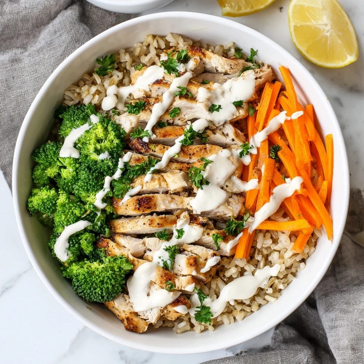 Close-up of healthy grilled chicken broccoli bowls with creamy garlic sauce, garnished with fresh parsley and lemon wedges on a rustic table.