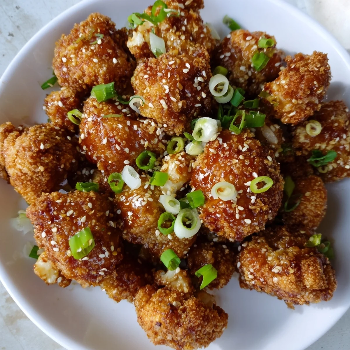 Golden sticky honey garlic cauliflower drizzled with glossy sauce and sesame seed garnish