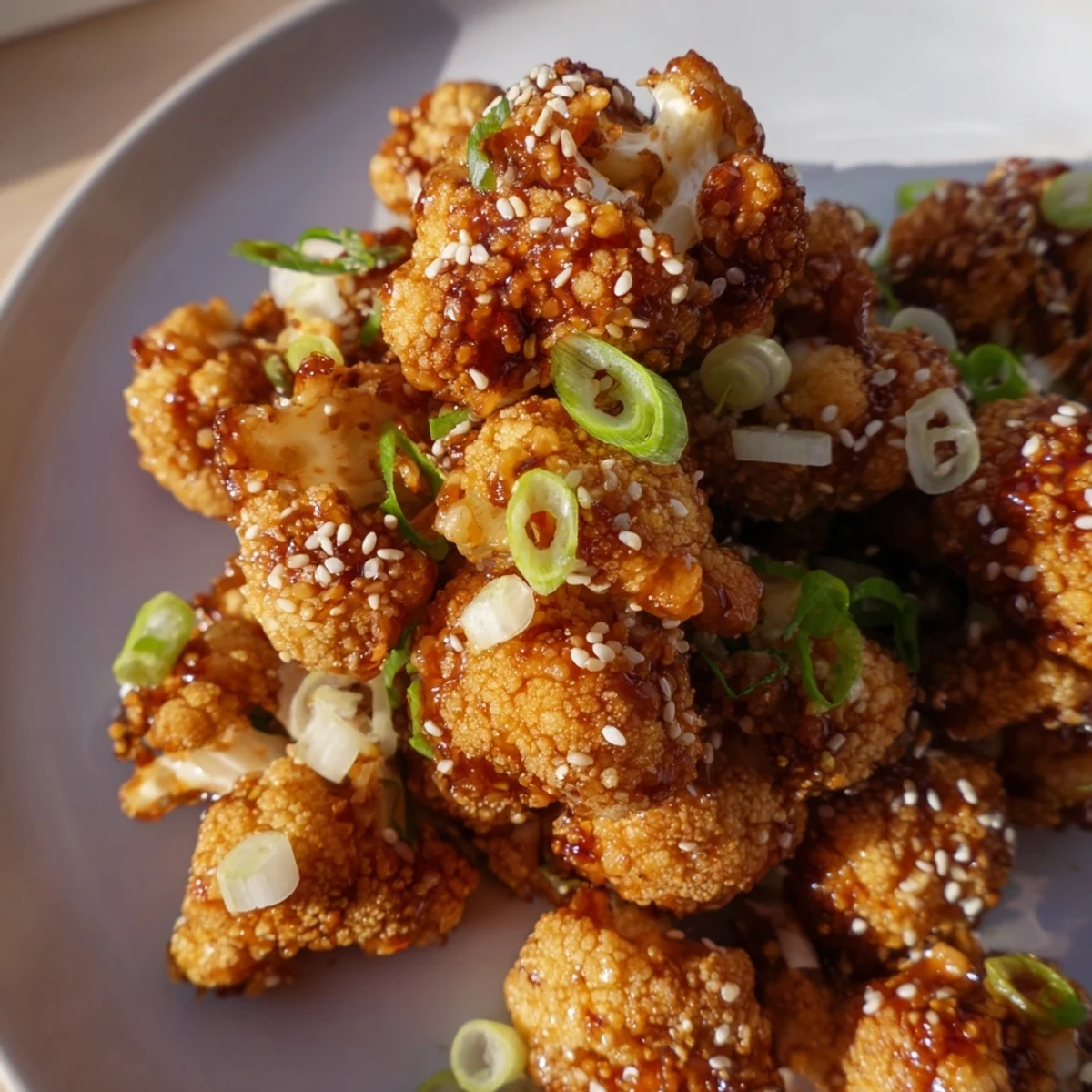 Crispy baked cauliflower florets tossed in sweet honey garlic glaze with green onions