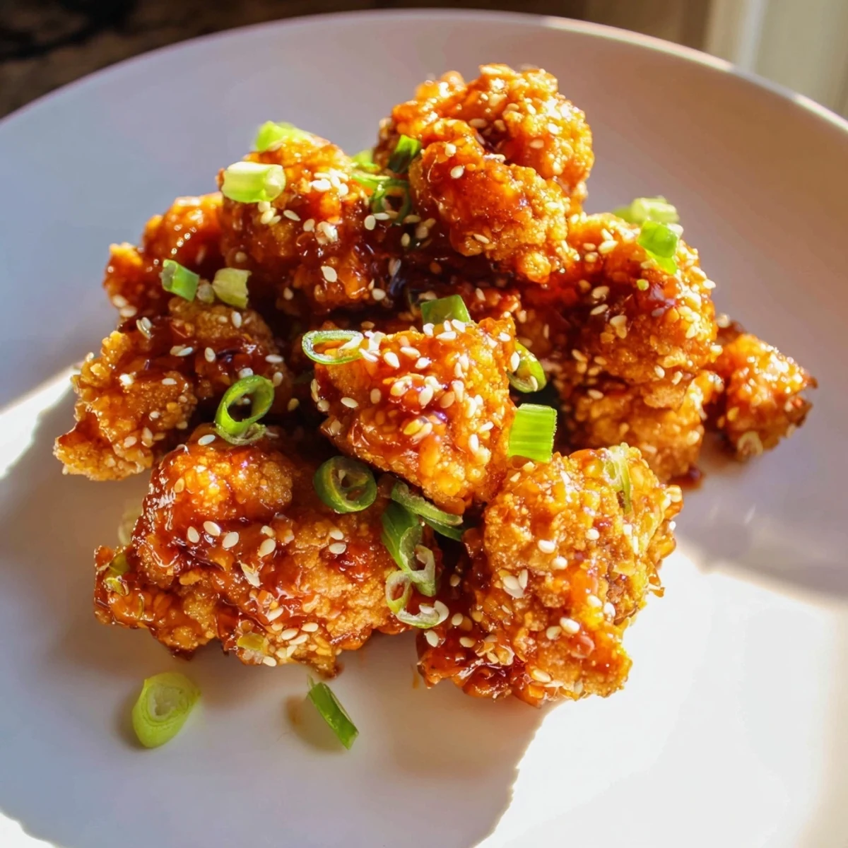 Plate of honey garlic cauliflower coated in sticky sauce and topped with fresh scallions