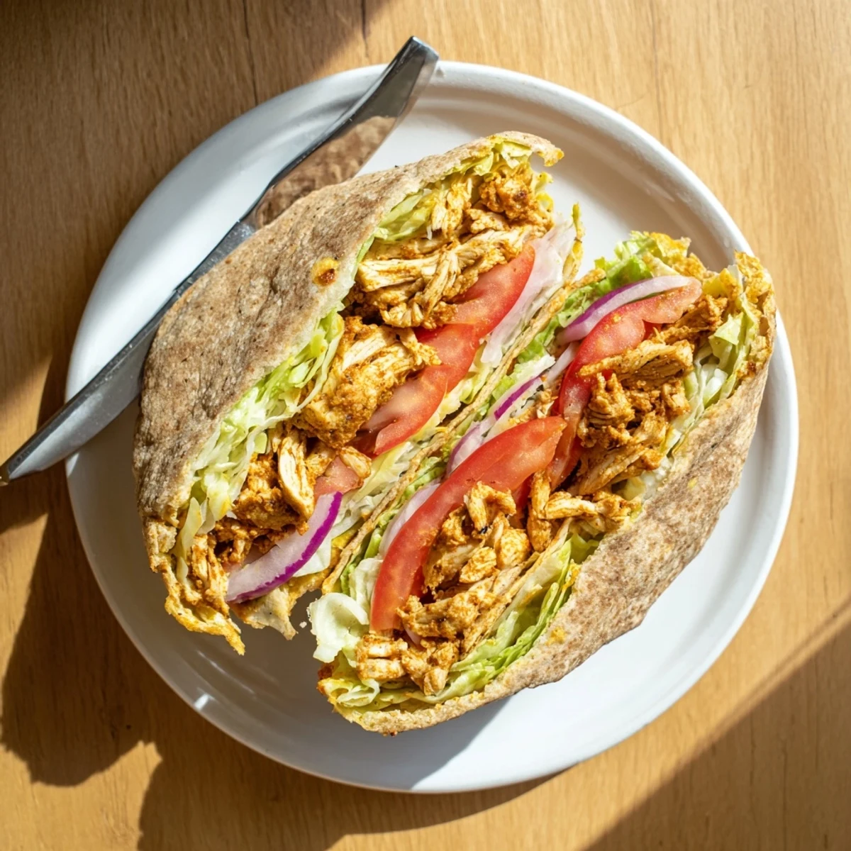 Golden high protein cottage cheese flatbread chicken wraps filled with seasoned meat and fresh crisp vegetables on a wooden board.