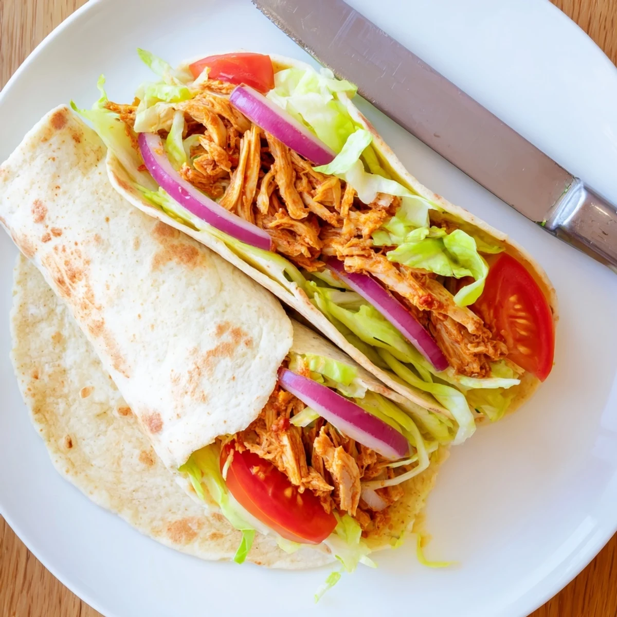 Protein rich chicken wraps featuring golden baked cottage cheese flatbread loaded with seasoned meat lettuce tomatoes and a creamy yogurt sauce.