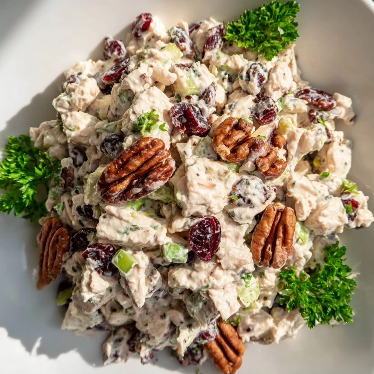 Cranberry Pecan Chicken Salad plated over fresh greens with a spoon ready to serve
