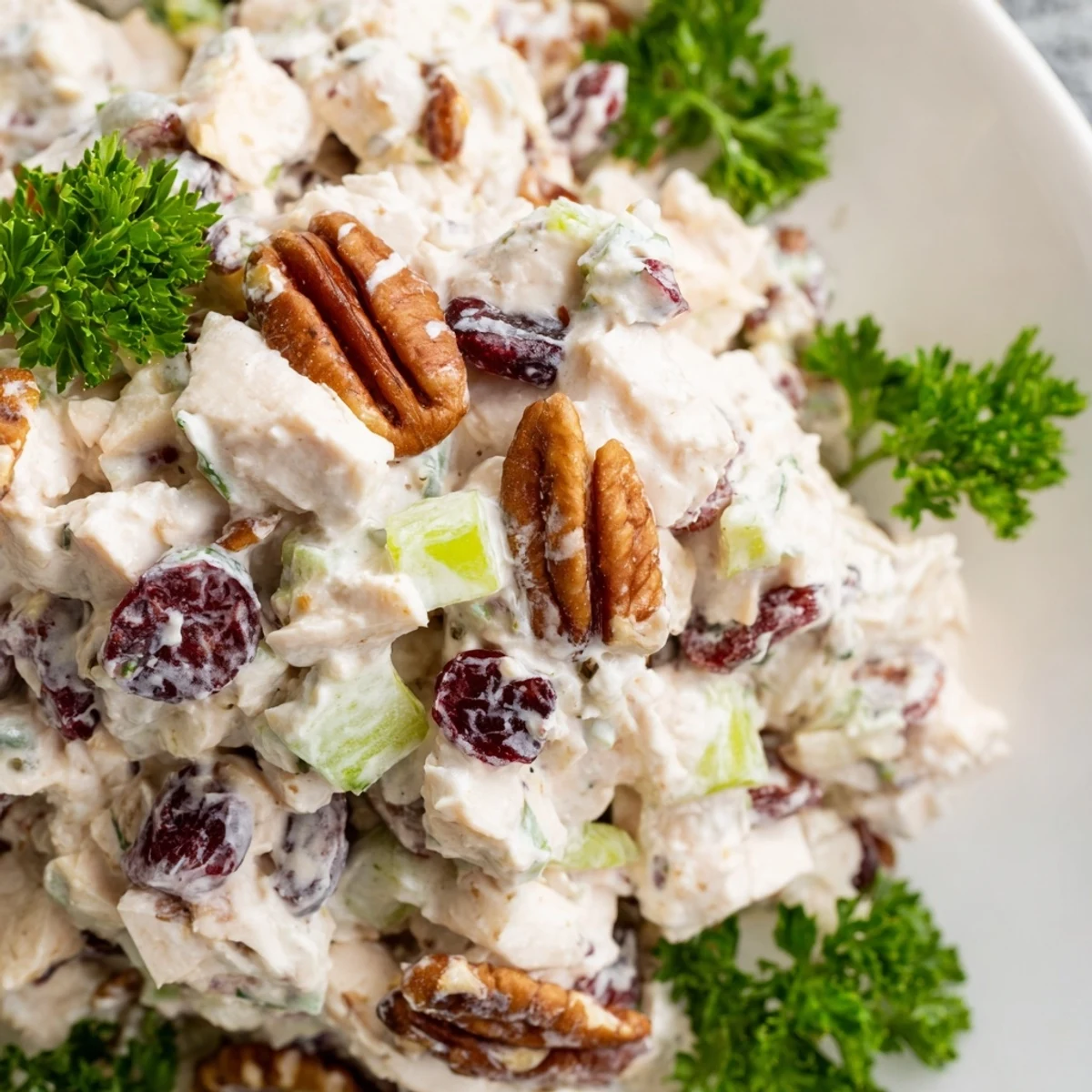 Close-up of Cranberry Pecan Chicken Salad with toasted nuts, celery, and tender chicken chunks