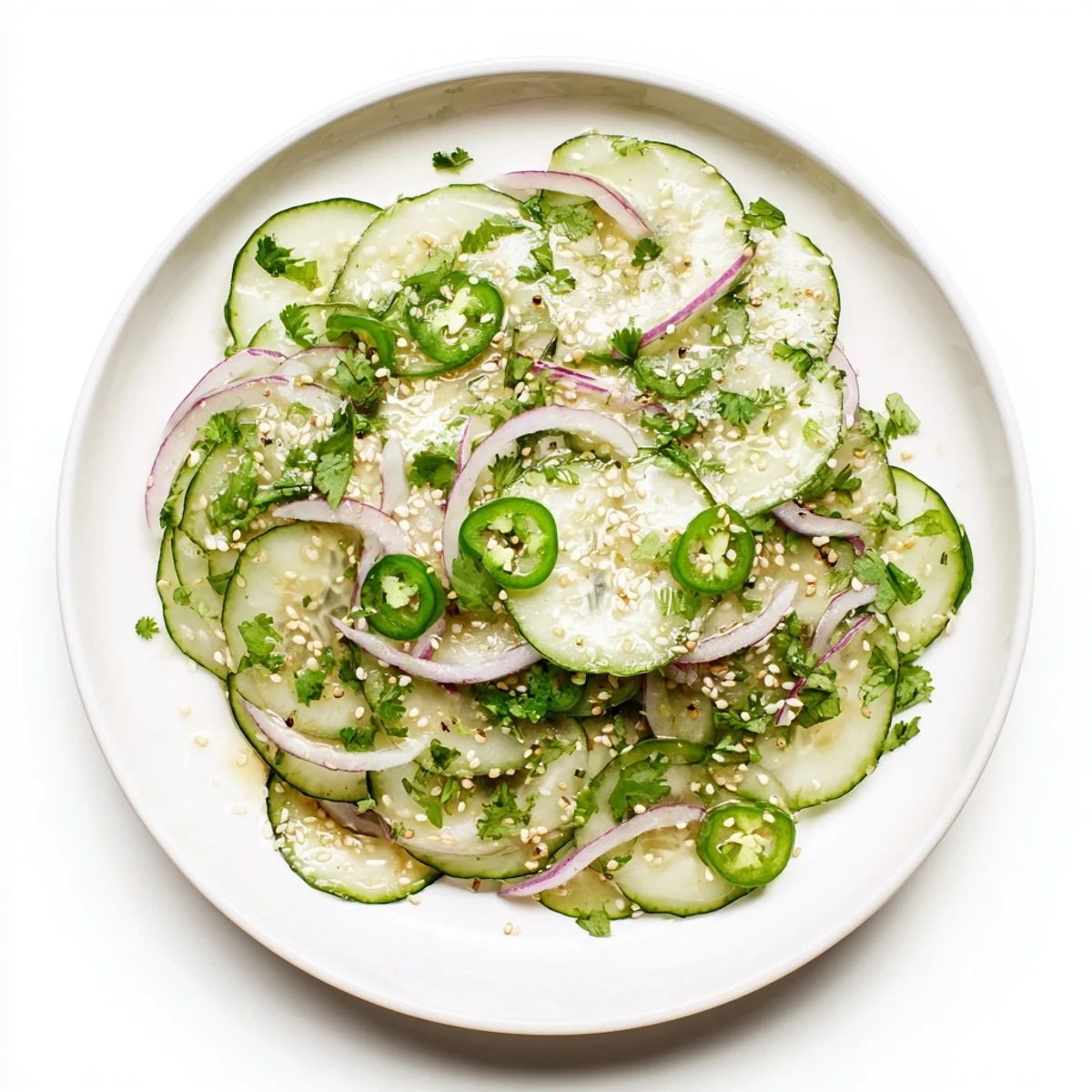 Colorful bowl of honey lime cucumber salad topped with cilantro and thin red onion slices
