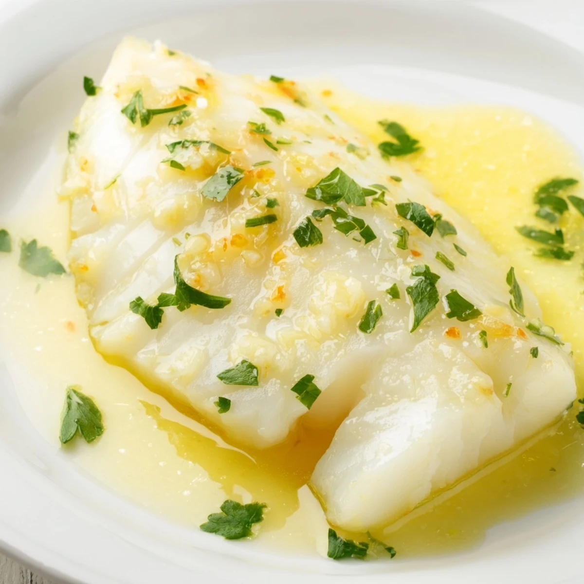 Golden pan-seared cod fillets drizzled with rich lemon garlic butter sauce and fresh parsley