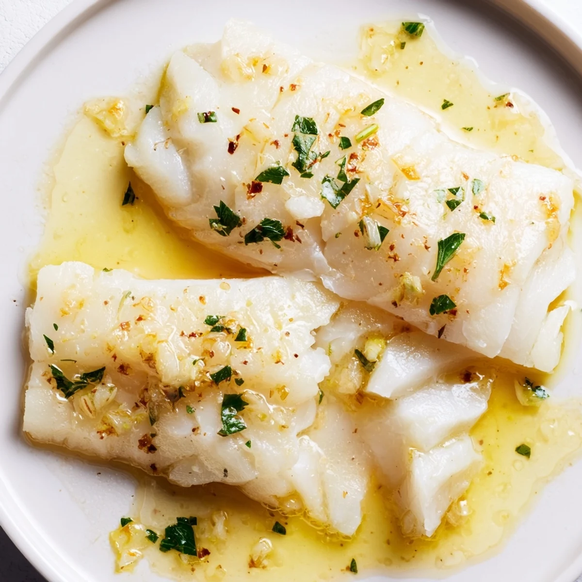 Perfectly cooked lemon garlic butter cod resting on a plate with melted sauce and parsley sprinkles