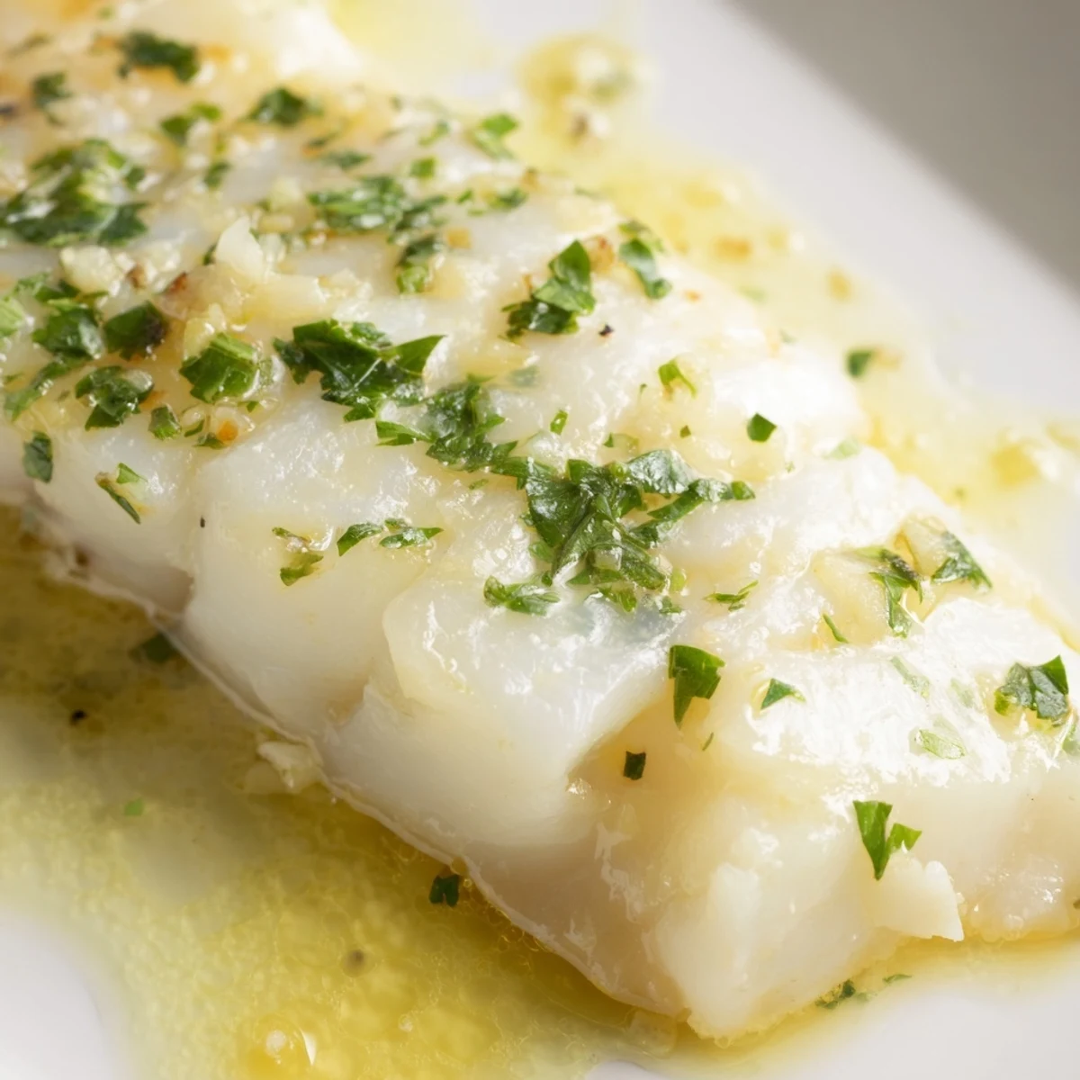 Flaky white cod pieces swimming in zesty lemon garlic butter, garnished with vibrant green herbs