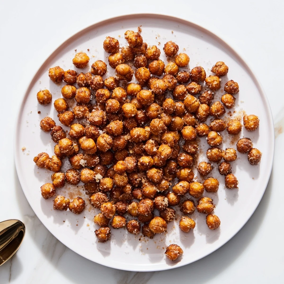 Golden brown cinnamon roasted chickpeas arranged on a white plate with visible spice coating