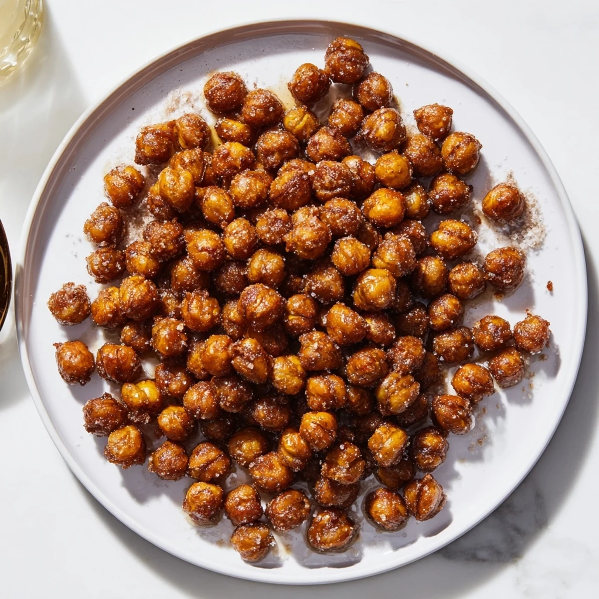 Crispy maple cinnamon chickpeas spilling from a wooden bowl onto marble countertop