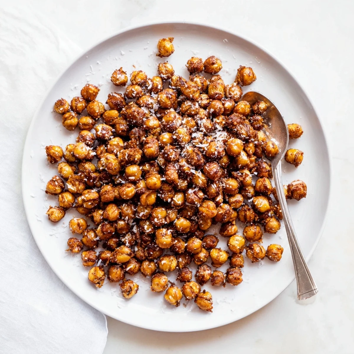 Close up of sweet glazed chickpeas dusted with cinnamon sugar cooling on baking sheet