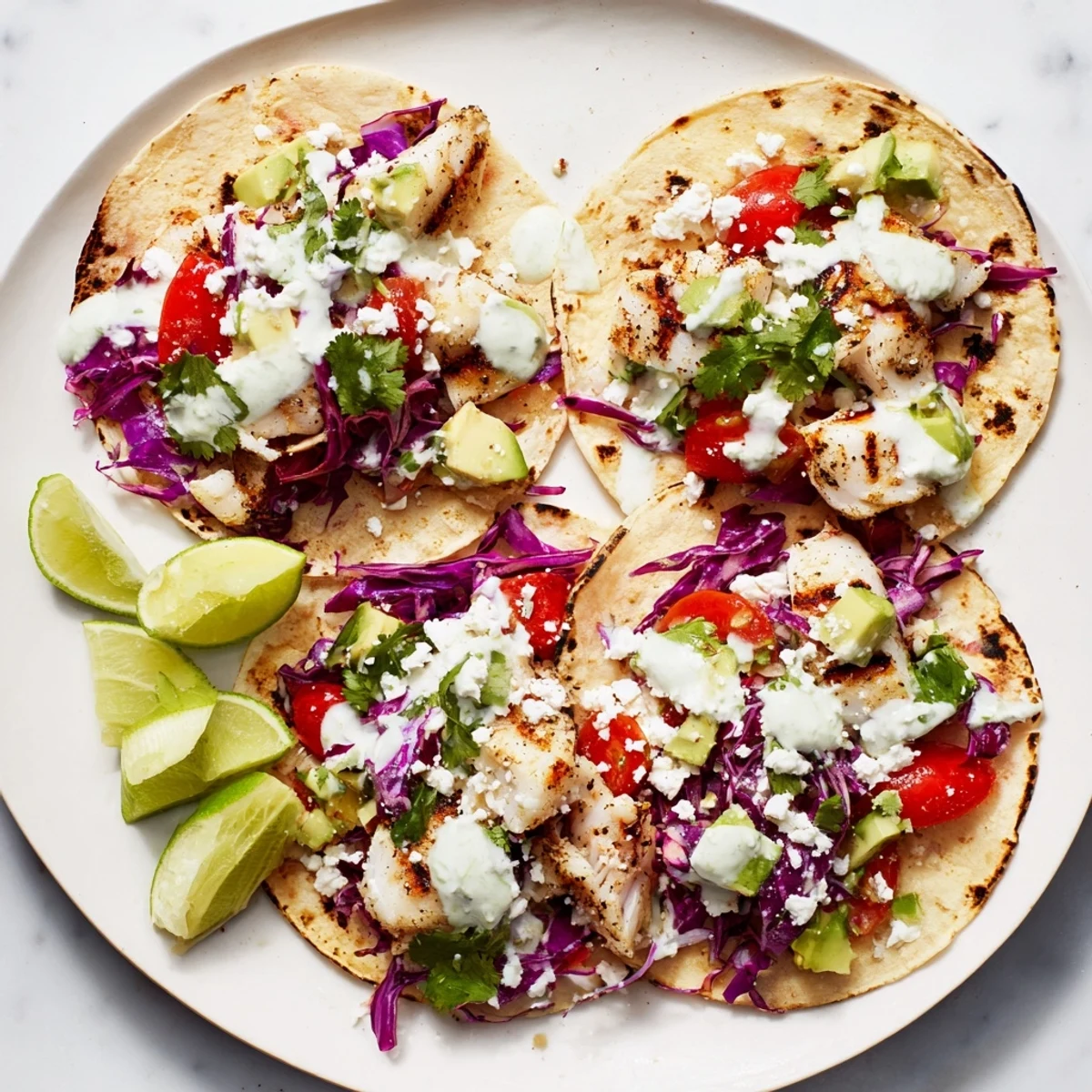 Homemade grilled fish cilantro tacos with flaky seasoned white fish, fresh cabbage, and creamy lime sauce