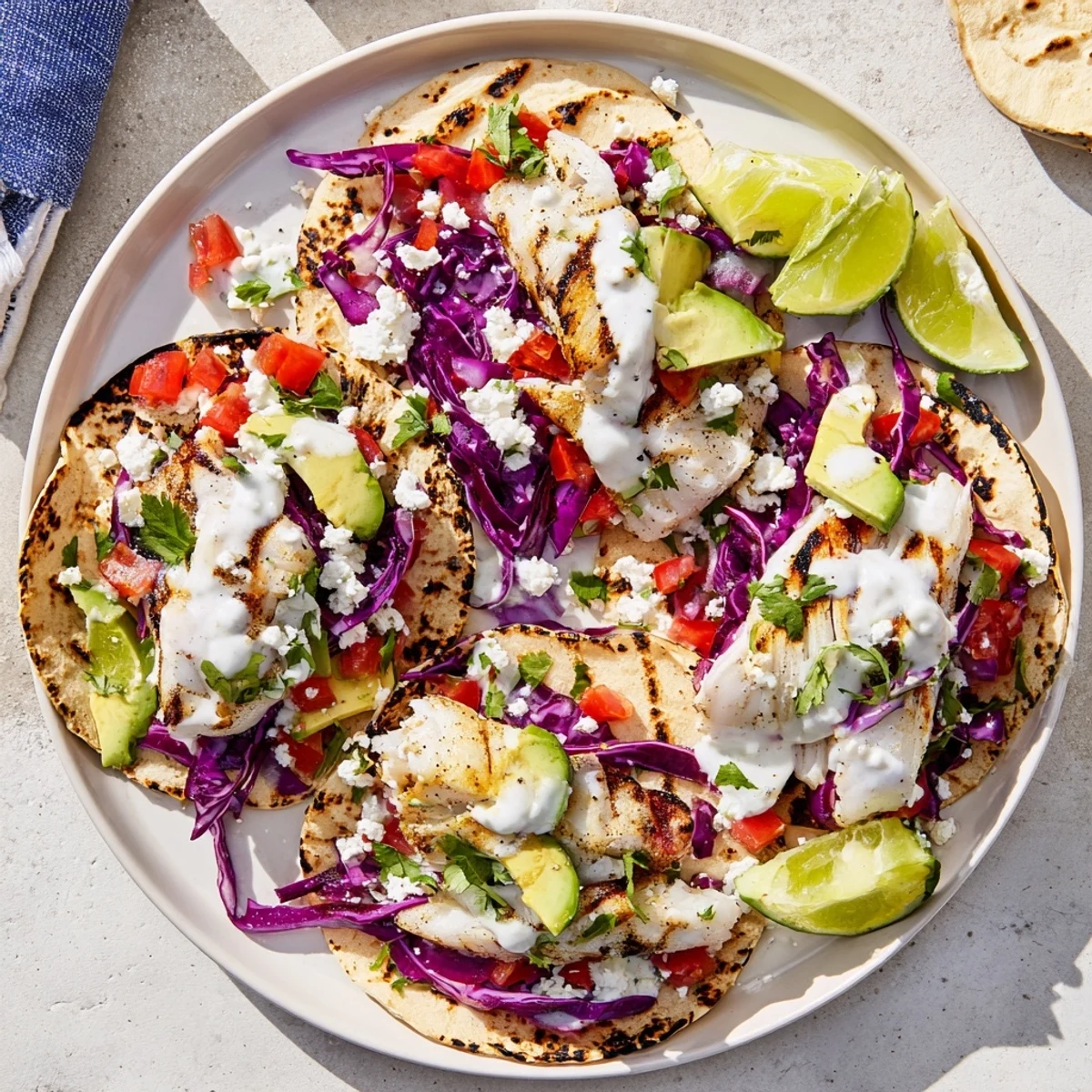 Mexican street style grilled fish cilantro tacos piled with avocado, tomatoes, and crumbled cotija cheese